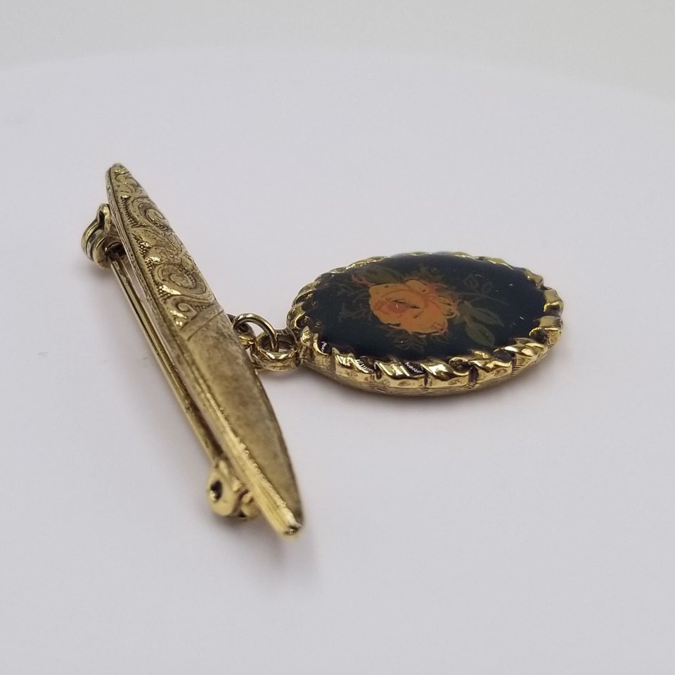 Vintage Victorian Revival Gold Tone Bar Pin with Dangling Portrait of a Rose Brooch