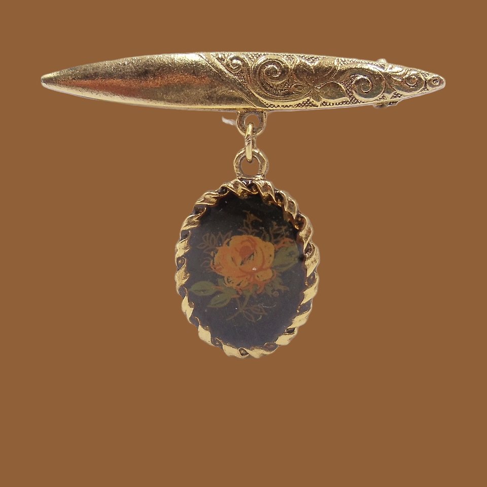 Vintage Victorian Revival Gold Tone Bar Pin with Dangling Portrait of a Rose Brooch
