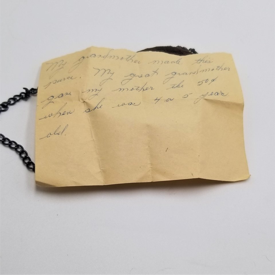 Antique Handmade Suede Coin Purse or Childs Purse Note from Owner inside