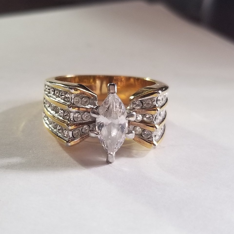 Vintage RSC Gold Tone Marquis Cut CZ Statement Fashion Ring, Size 7.5
