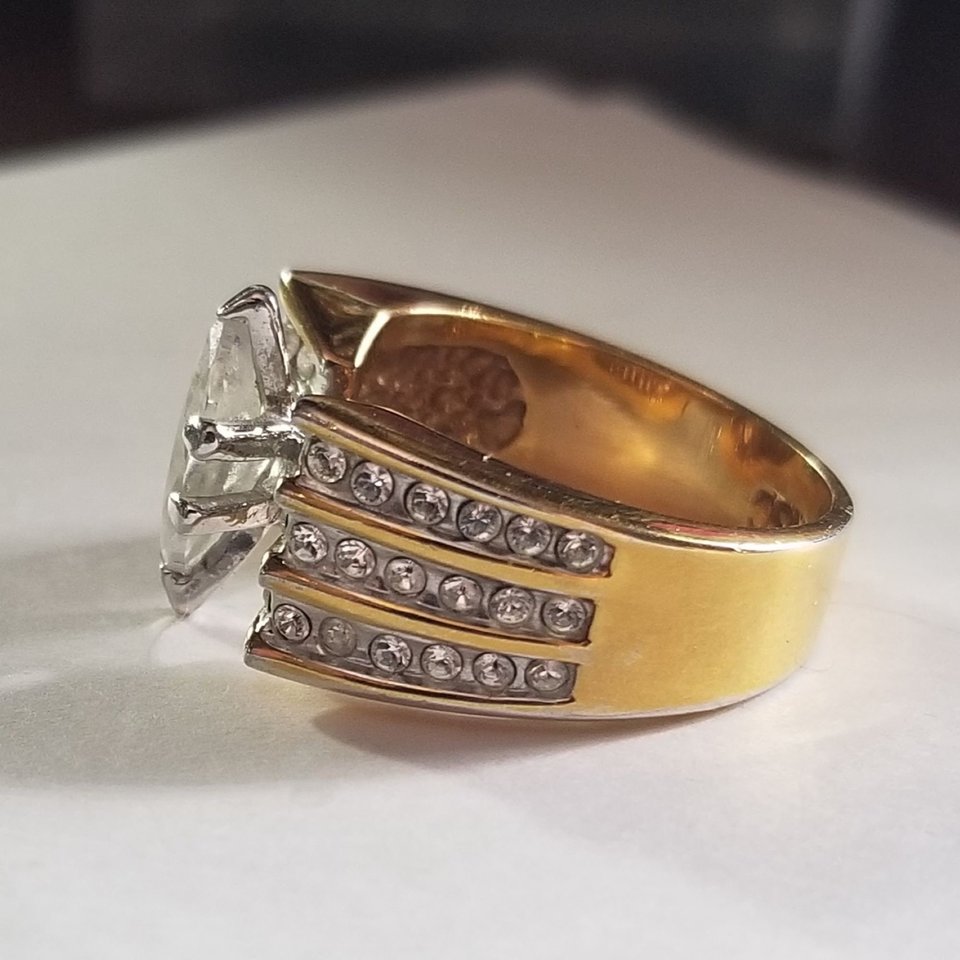 Vintage RSC Gold Tone Marquis Cut CZ Statement Fashion Ring, Size 7.5