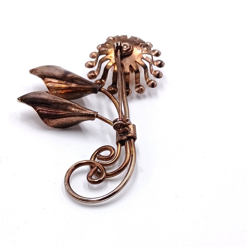 Vintage Retro Copper Tone Floral Brooch and Earrings Jewelry Set