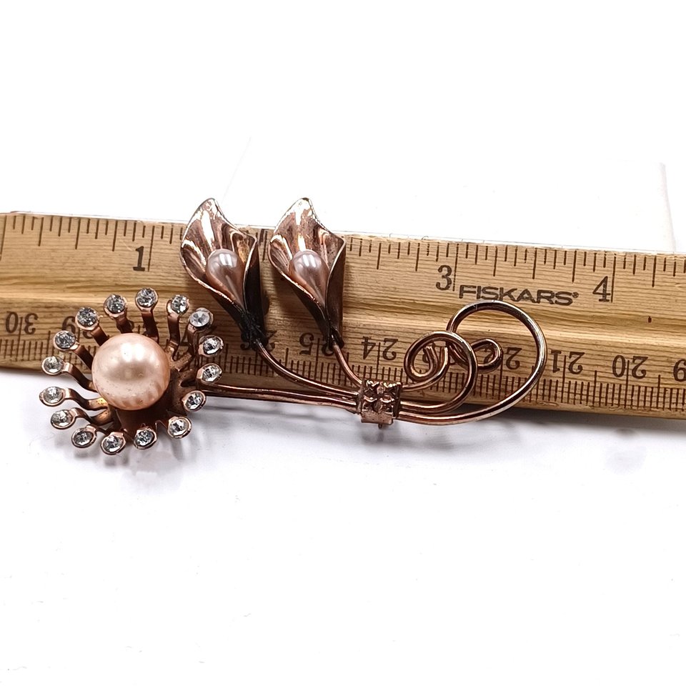 Vintage Retro Copper Tone Floral Brooch and Earrings Jewelry Set