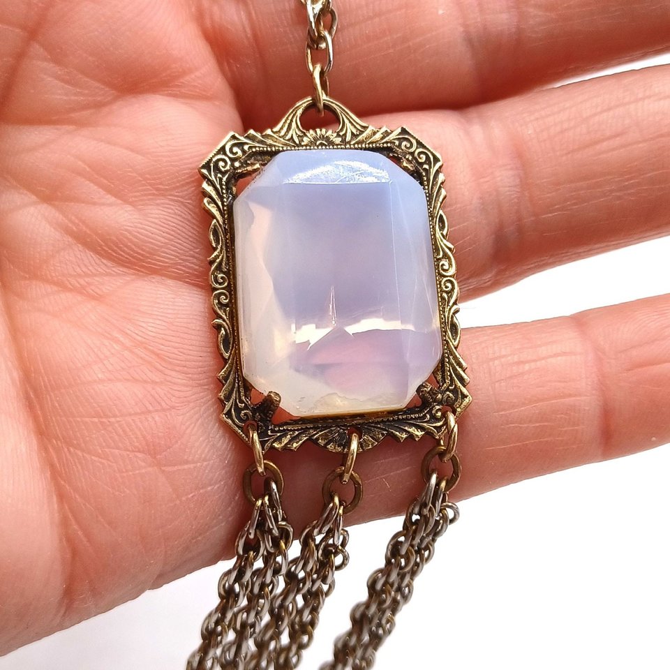 Vintage Gold Tone Milk Glass and Moon Stone Pendant Tassle Necklace