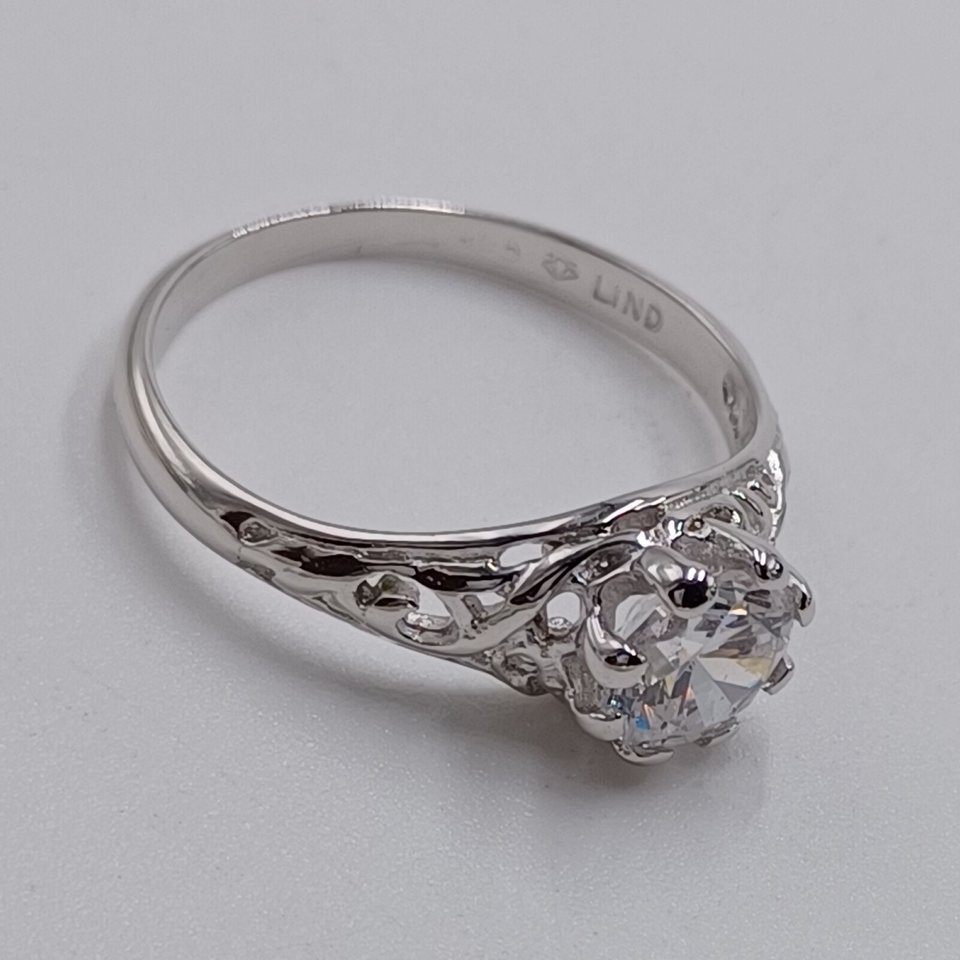 Vintage Sterling Silver LIND Filigree Cubic Zirconia Solitaire Ring Size 8
