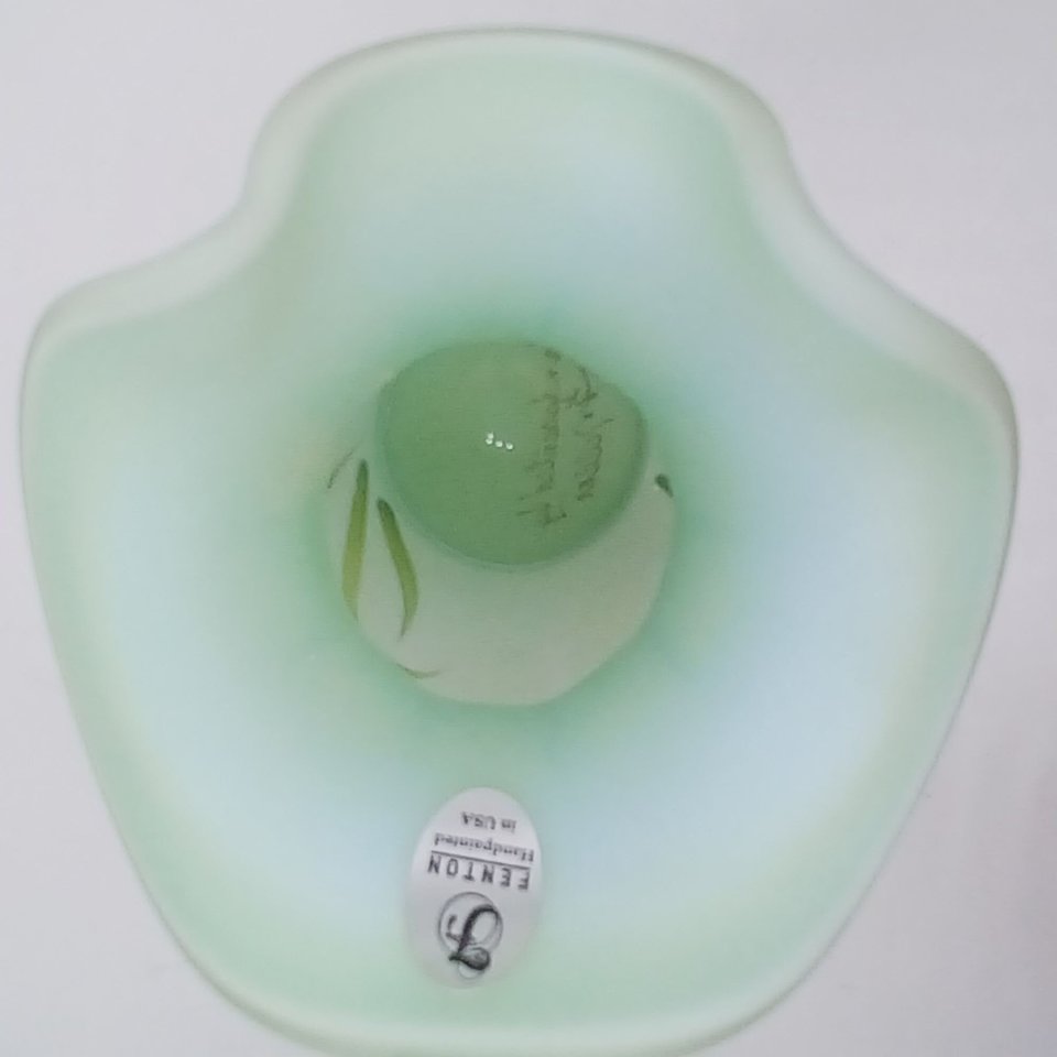 Fenton Green Burmese Hand Painted  Floral Glass Pitcher, Signed, Collectible Glass