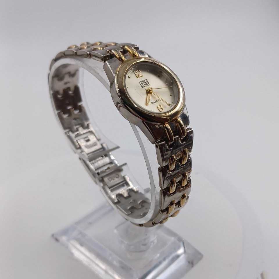 Faded Glory, Two Toned Metal Link Quartz Ladies Wrist Watch, New Battery Runs