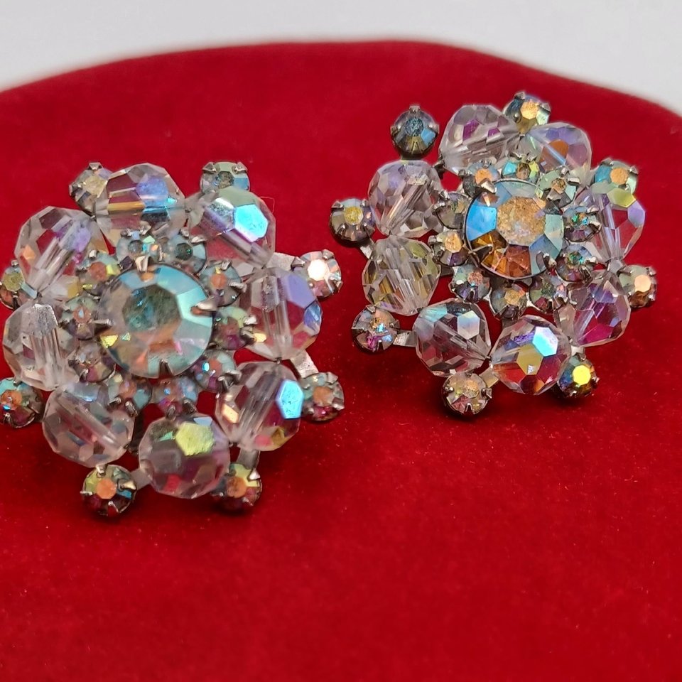 Beautiful WEISS Aurora Borealis Cluster Clip-On Earrings