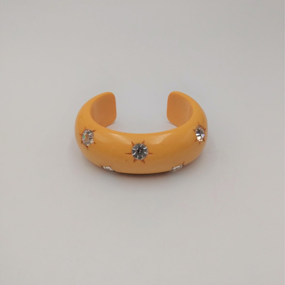 Butterscotch Bakelite and Rhinestones Open Cuff Bracelet and Screw Back Earrings Jewelry Set