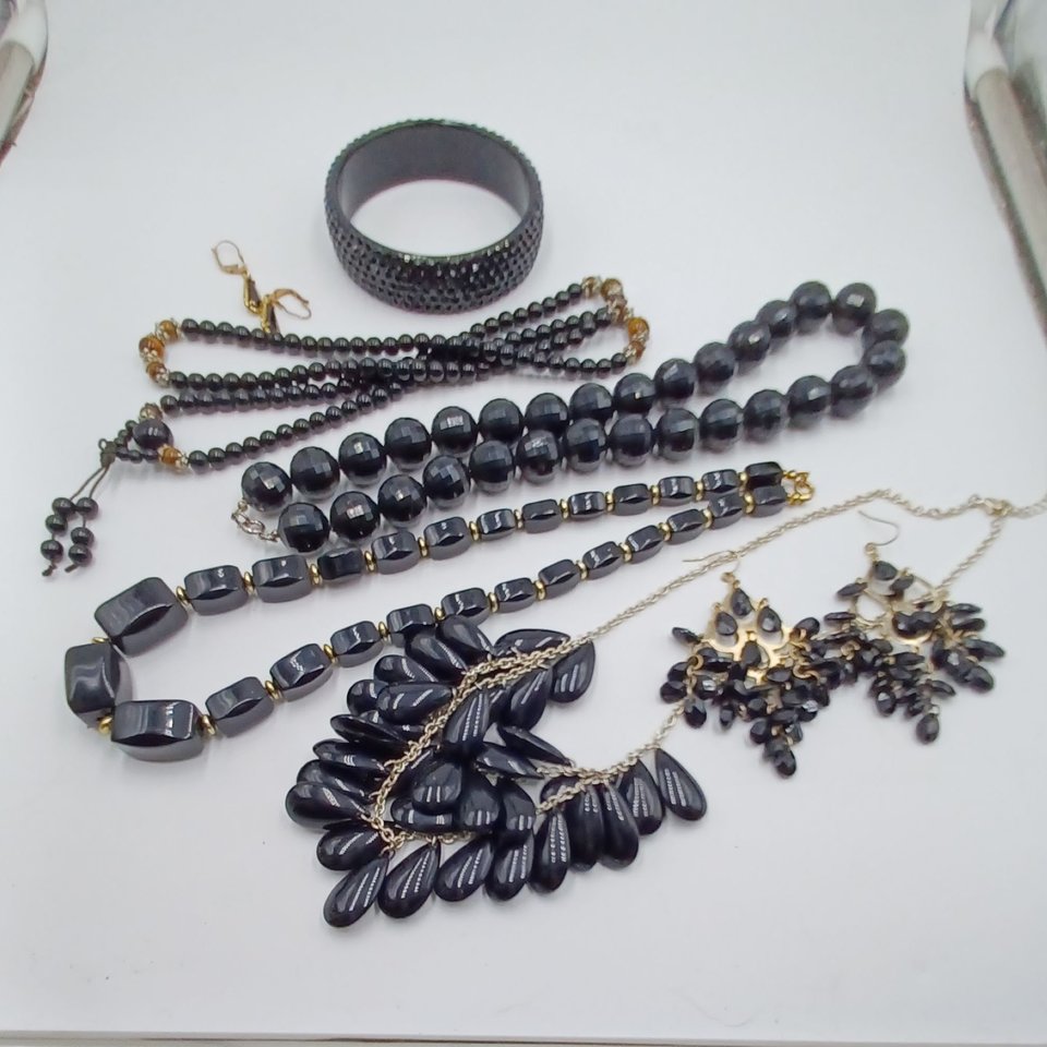 Collection of Vintage Black Costume Jewelry- 7 items, Jewelry Lot