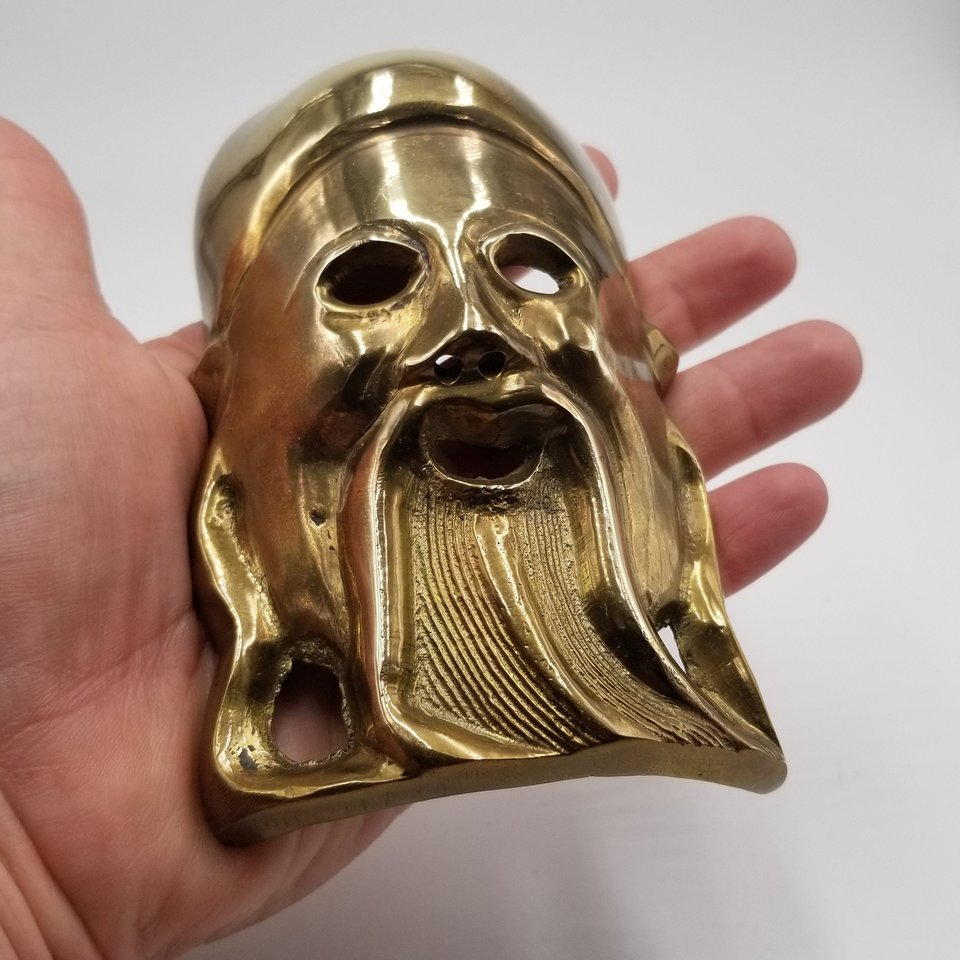 Solid Brass Chinese Confucius Masks Set of 2 Wall Hangings, Vintage Asian Home Decor