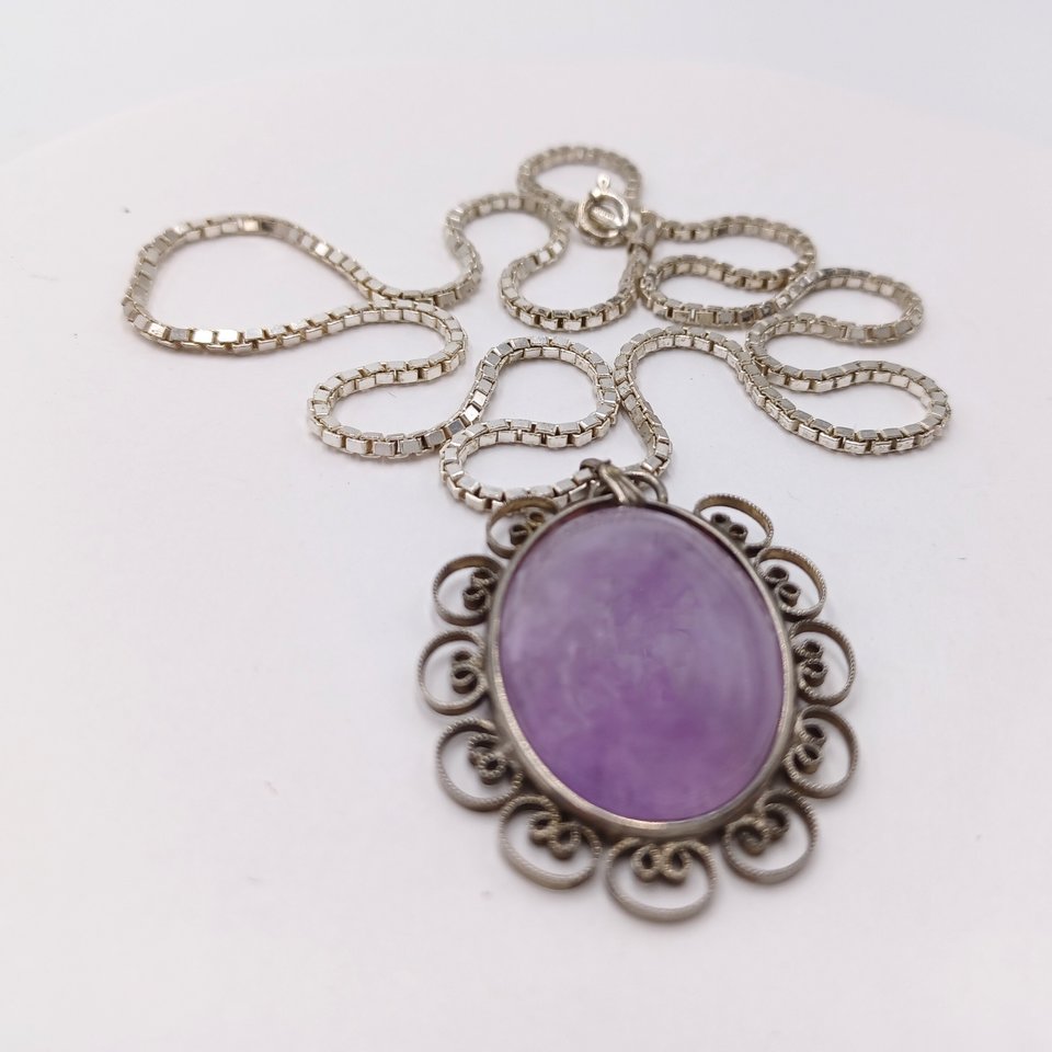 Vintage Sterling Silver and Amethyst Pendant on a Sterling Silver Box Chain Pendant Necklace