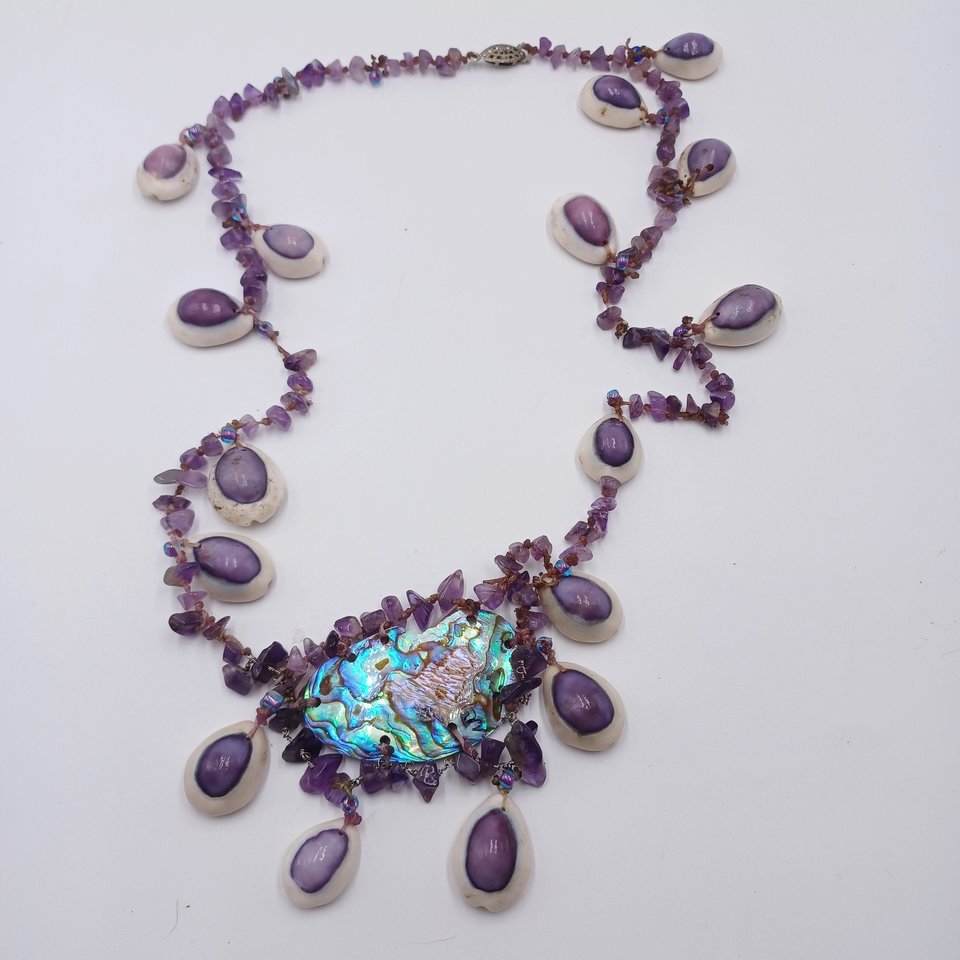 Vintage  Purple Top Cowrie Shell, Amethyst and Abalone Artisan Necklace OOAK