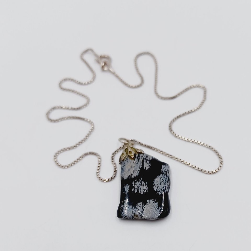 Natural Snowflake Obsidian Pendant and Sterling Silver Box Chain