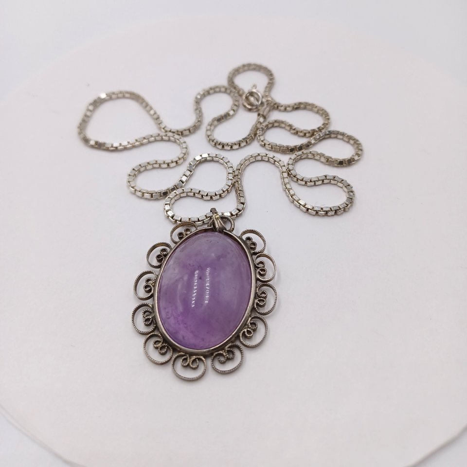 Vintage Sterling Silver and Amethyst Pendant on a Sterling Silver Box Chain Pendant Necklace