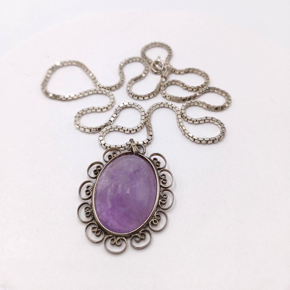 Vintage Sterling Silver and Amethyst Pendant on a Sterling Silver Box Chain Pendant Necklace