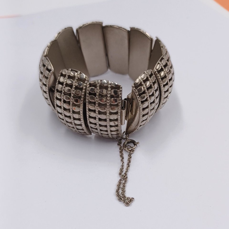 Chunky Silver Tone Panel Bracelet with Safety Chain
