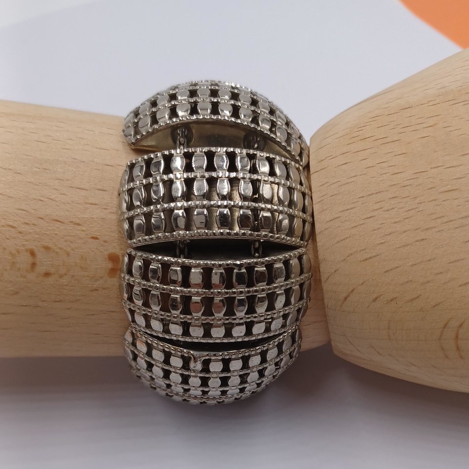 Chunky Silver Tone Panel Bracelet with Safety Chain