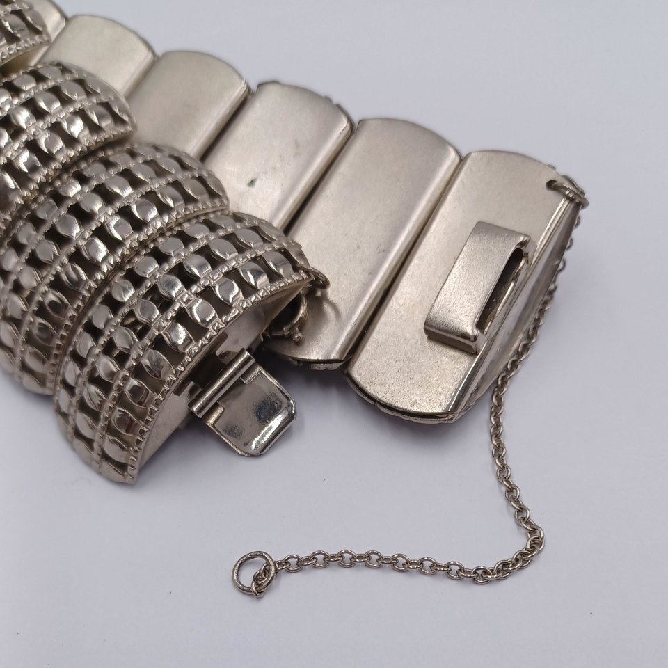 Chunky Silver Tone Panel Bracelet with Safety Chain
