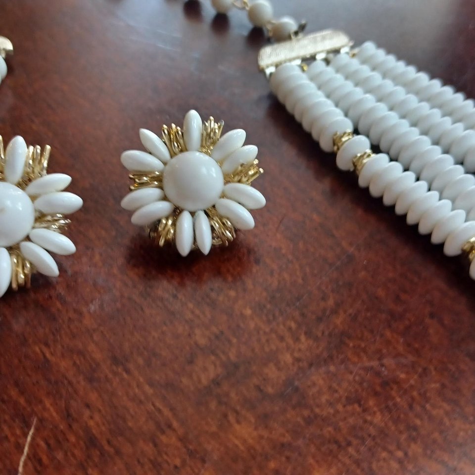 Japan White Glass Disks with Gold Details Multi-Strand Necklace and Earrings Jewelry Set