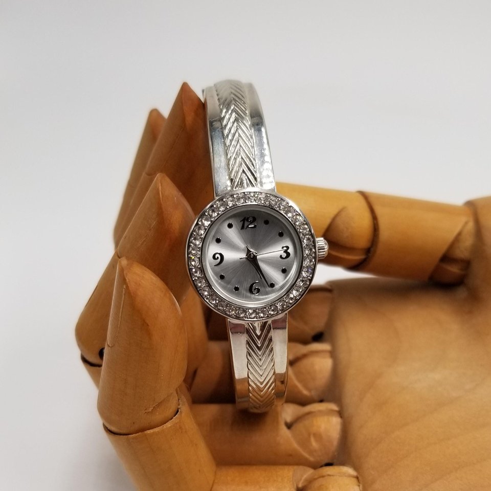 Ladies Silver Tone Round Rhinestones Clamper Bracelet Watch