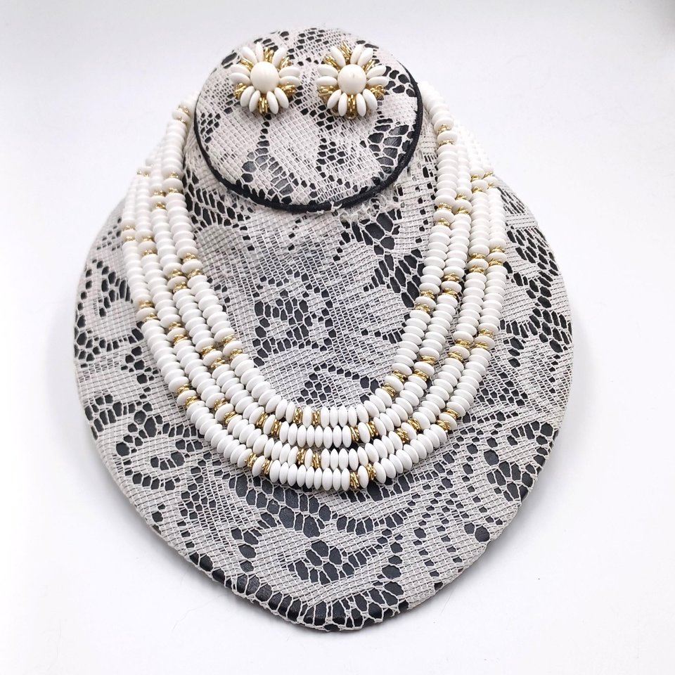 Japan White Glass Disks with Gold Details Multi-Strand Necklace and Earrings Jewelry Set