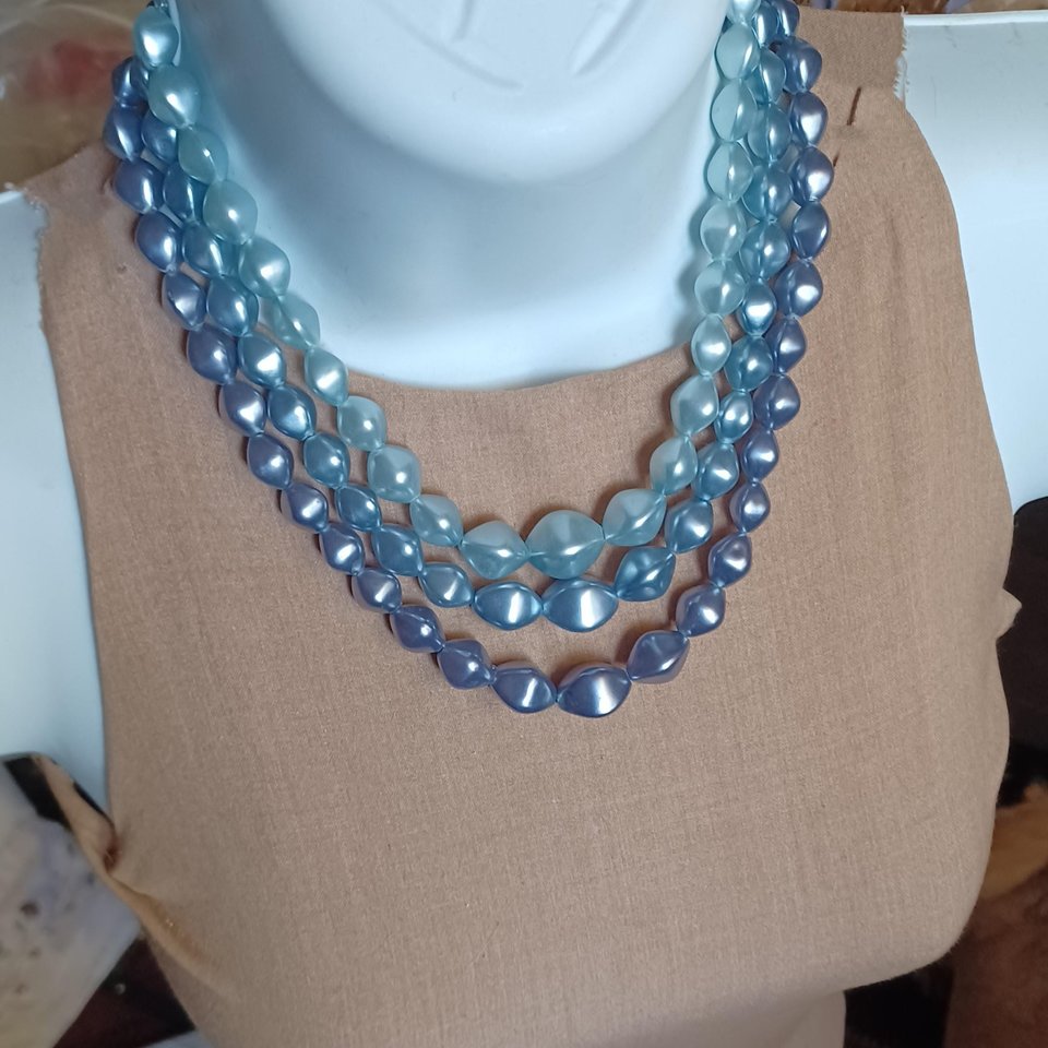 Vintage 1950's Multi-strand Metallic 3 Shades of Blue Beaded Choker Necklace