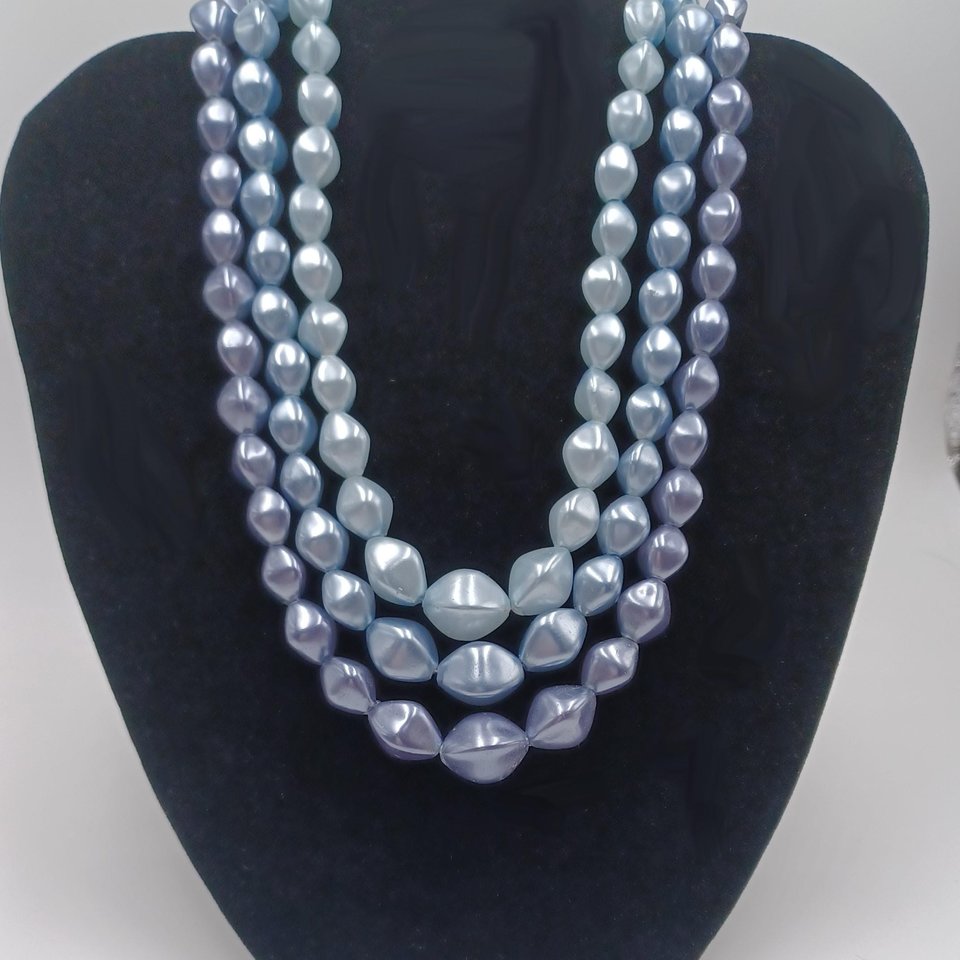 Vintage 1950's Multi-strand Metallic 3 Shades of Blue Beaded Choker Necklace