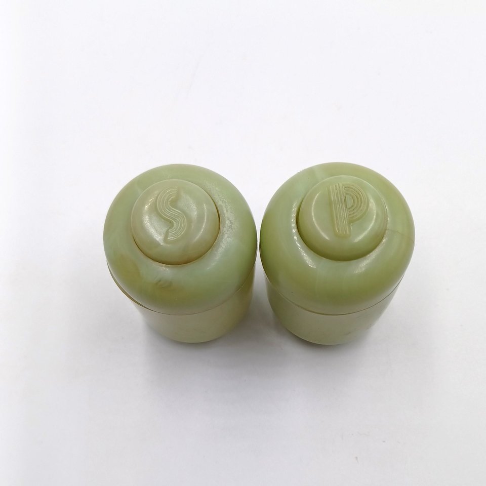 Vintage 1950's Carvanite Art Deco Green Celluloid Salt and Pepper Shakers, Collectible