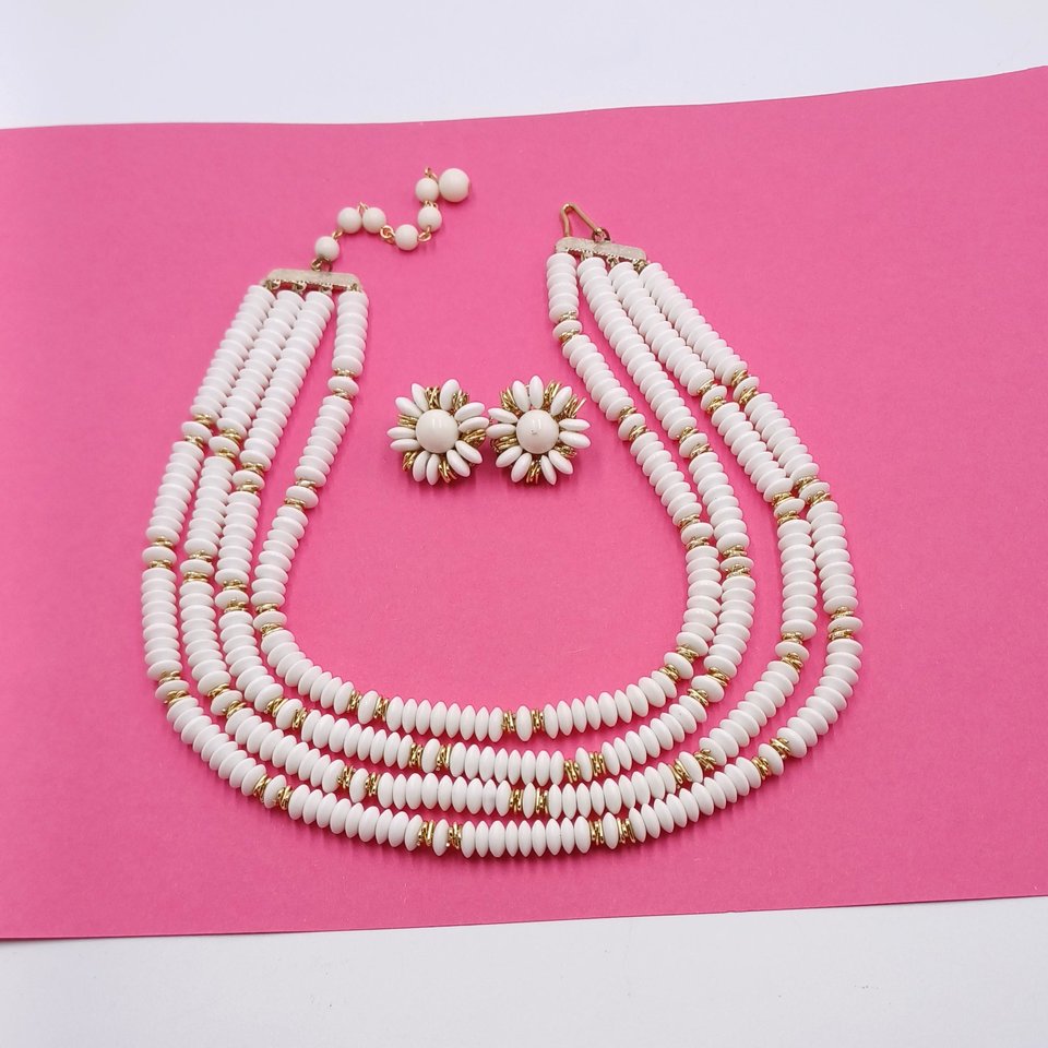 Japan White Glass Disks with Gold Details Multi-Strand Necklace and Earrings Jewelry Set