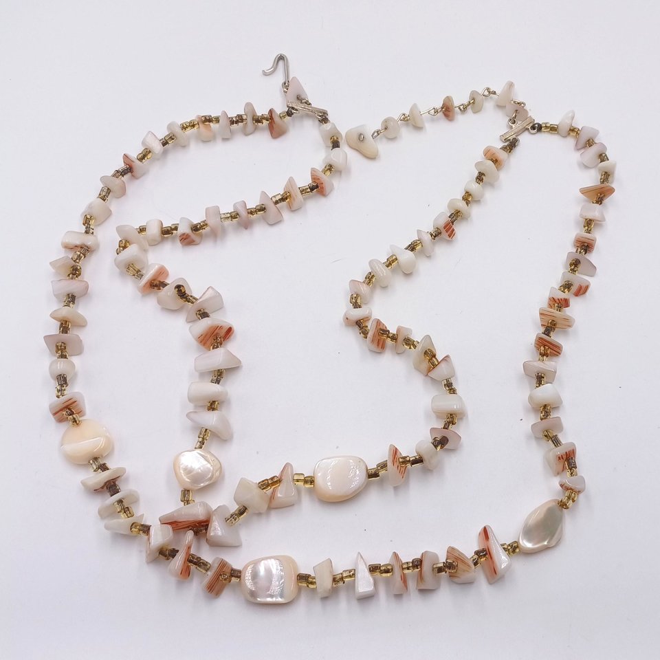 Vintage Multi-strand Mother Of Pearl  and Shell Beaded Necklace and Clip-on Earrings Jewelry Set