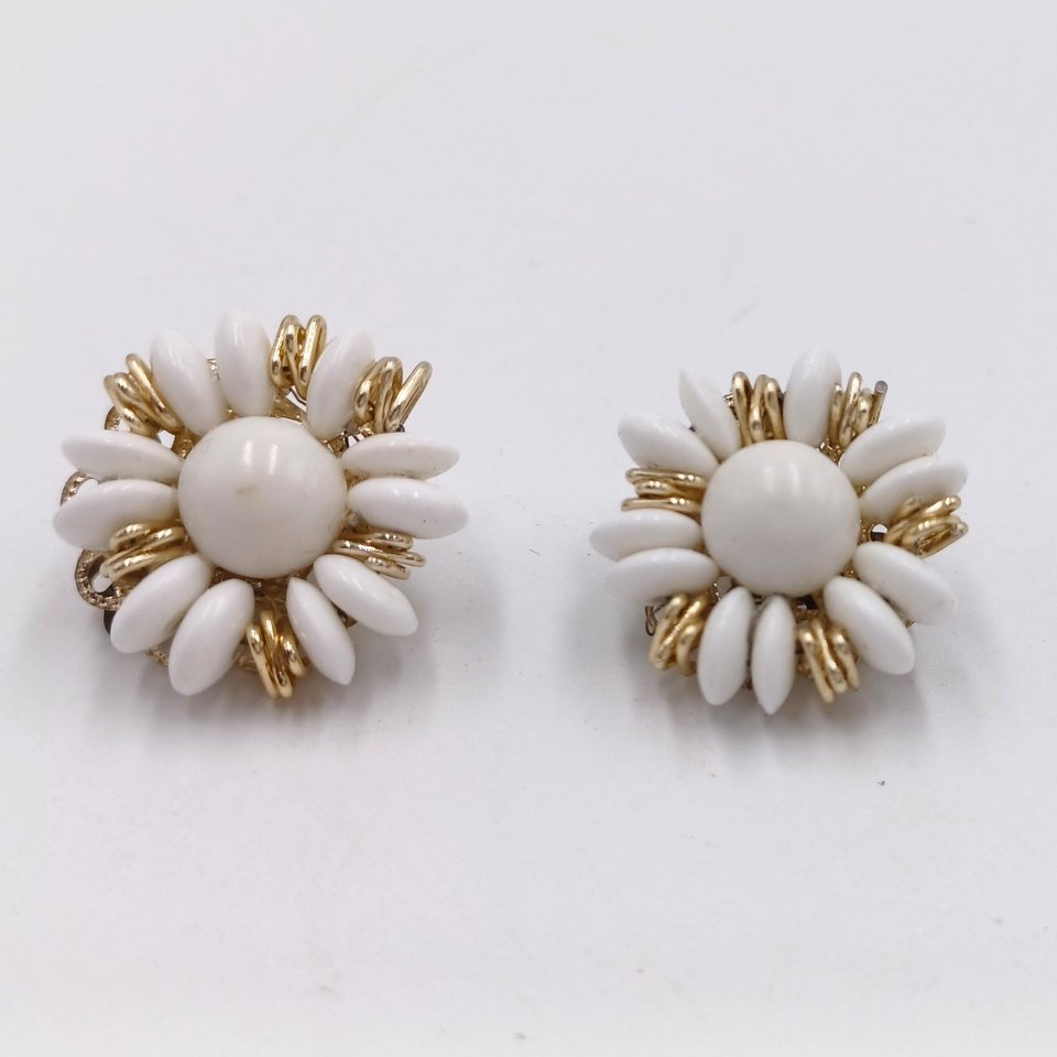 Japan White Glass Disks with Gold Details Multi-Strand Necklace and Earrings Jewelry Set