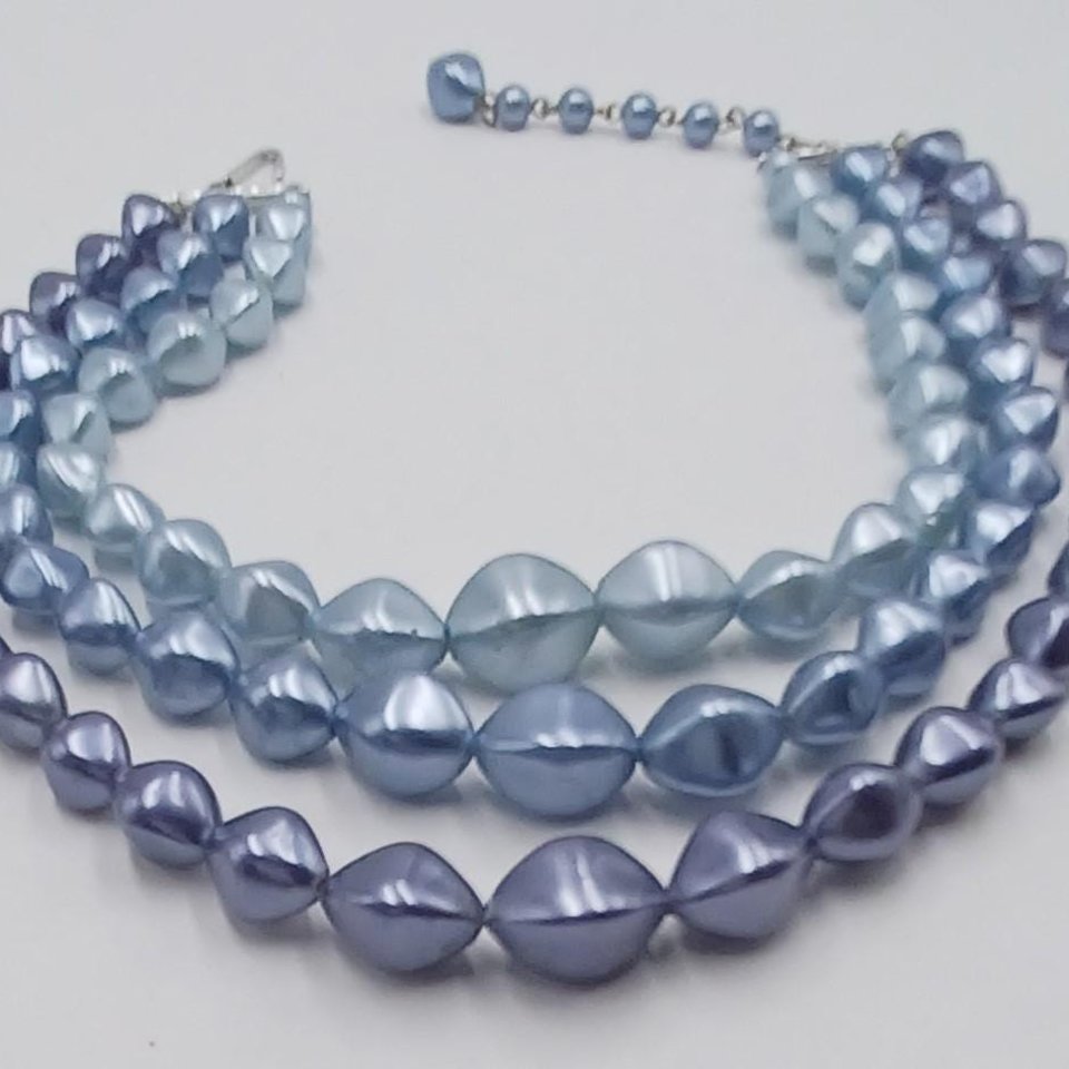 Vintage 1950's Multi-strand Metallic 3 Shades of Blue Beaded Choker Necklace