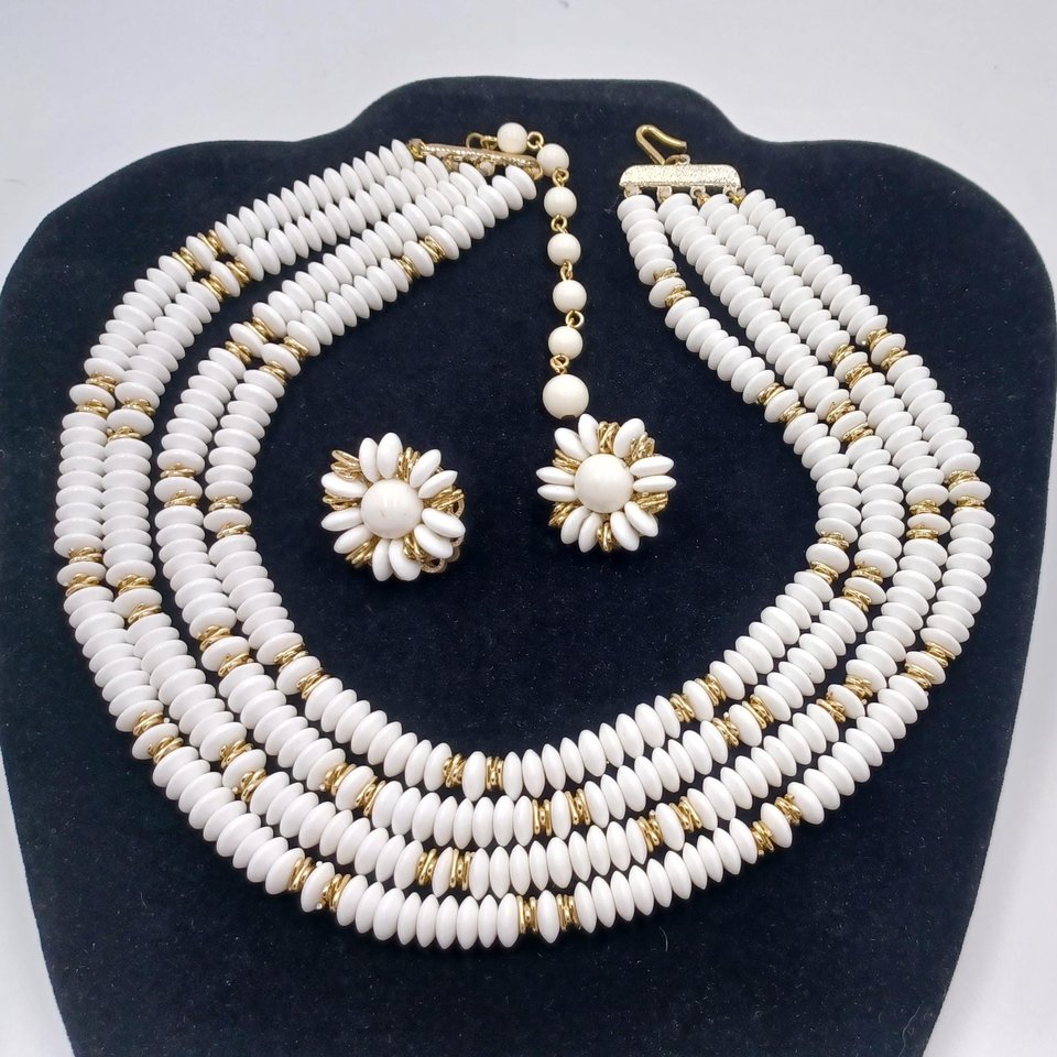 Japan White Glass Disks with Gold Details Multi-Strand Necklace and Earrings Jewelry Set