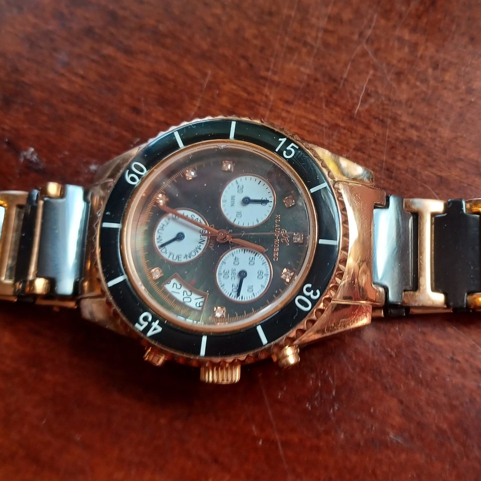 Klaus Kobec Destiny Black and Rose Gold Tone and Black Chrono Watch, New Battery