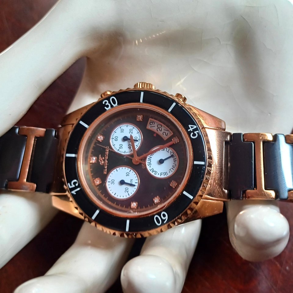 Klaus Kobec Destiny Black and Rose Gold Tone and Black Chrono Watch, New Battery