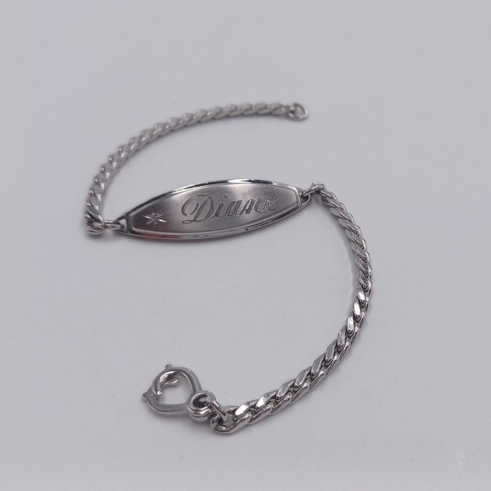 Vintage Silver Tone Speidel "Diane" ID Bracelet, Diamond Accent