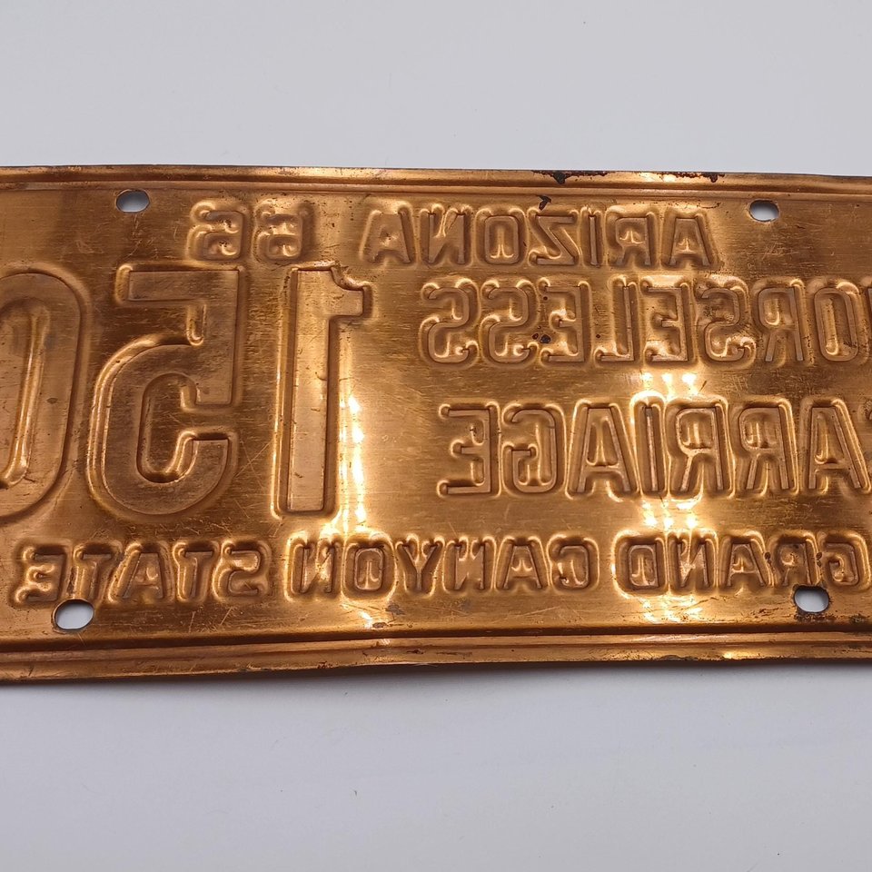 Vintage 1966 Arizona Copper Horseless Carriage Licence Plate, Man Cave, Gift for Him, Garage Decor