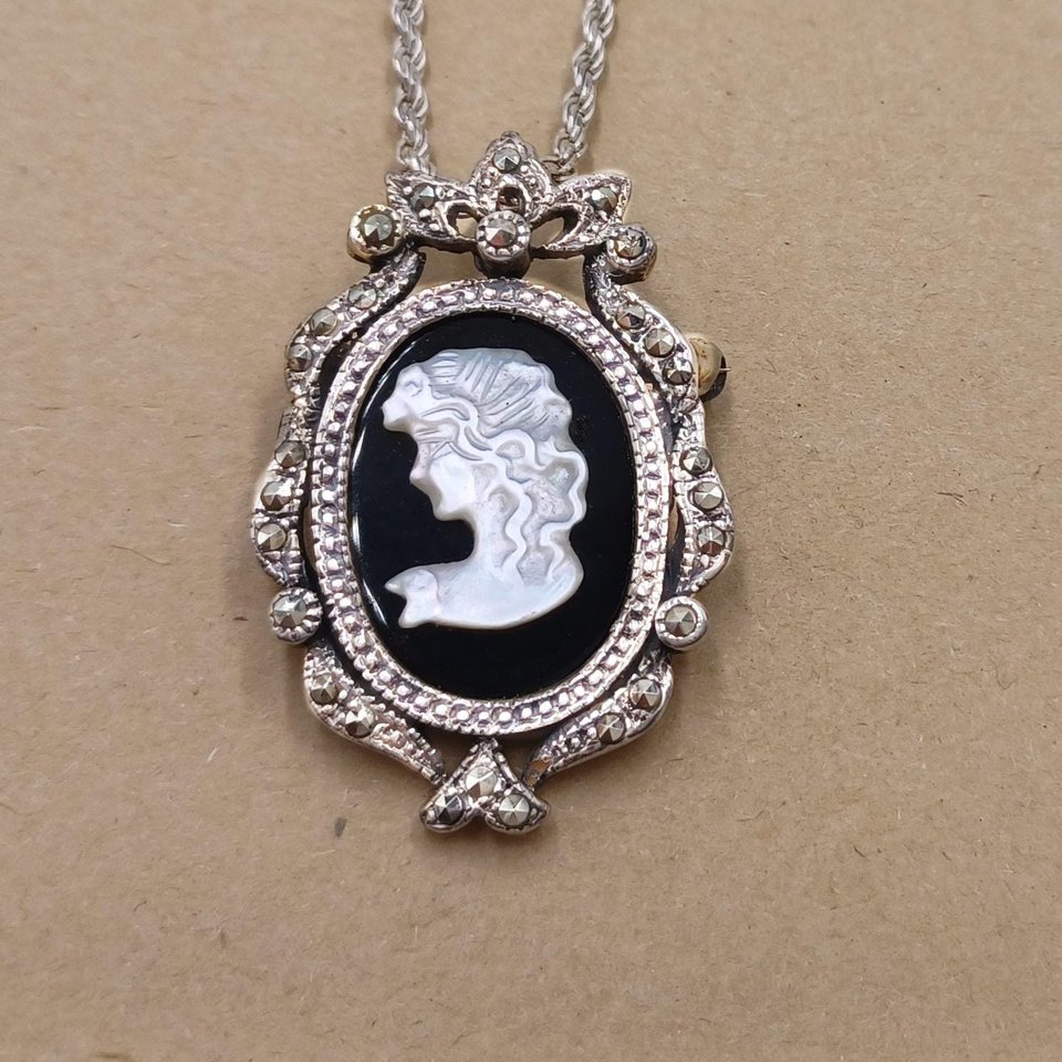 Vintage Sterling Silver, Marcasite and Carved Mother of Pearl Cameo Pendant/Brooch and Sterling Chain Necklace