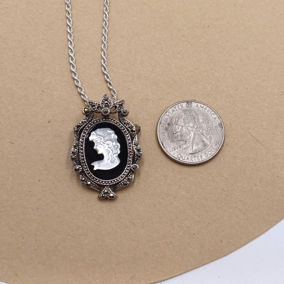 Vintage Sterling Silver, Marcasite and Carved Mother of Pearl Cameo Pendant/Brooch and Sterling Chain Necklace