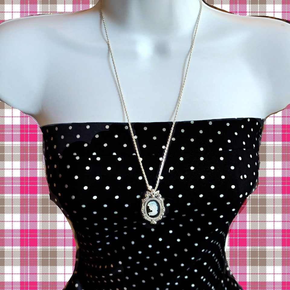 Vintage Sterling Silver, Marcasite and Carved Mother of Pearl Cameo Pendant/Brooch and Sterling Chain Necklace