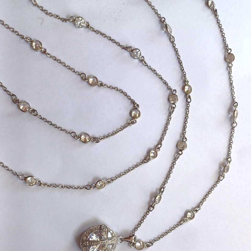 Sterling Silver and Large Cubic Zirconia Pendant on Very Long Chain Pendant Necklace