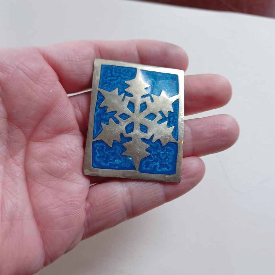 Vintage Rectangle Alpaca Mexico Silver Enamel Snowflake Brooch/Pendant