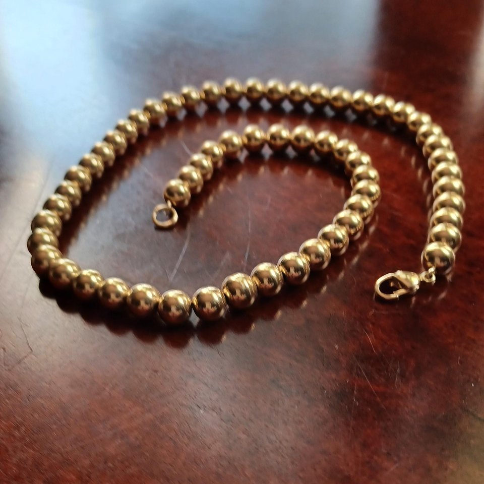 Shiny Gold Tone 5mm Beads Strung on Chain, Gold Pearls Choker Necklace