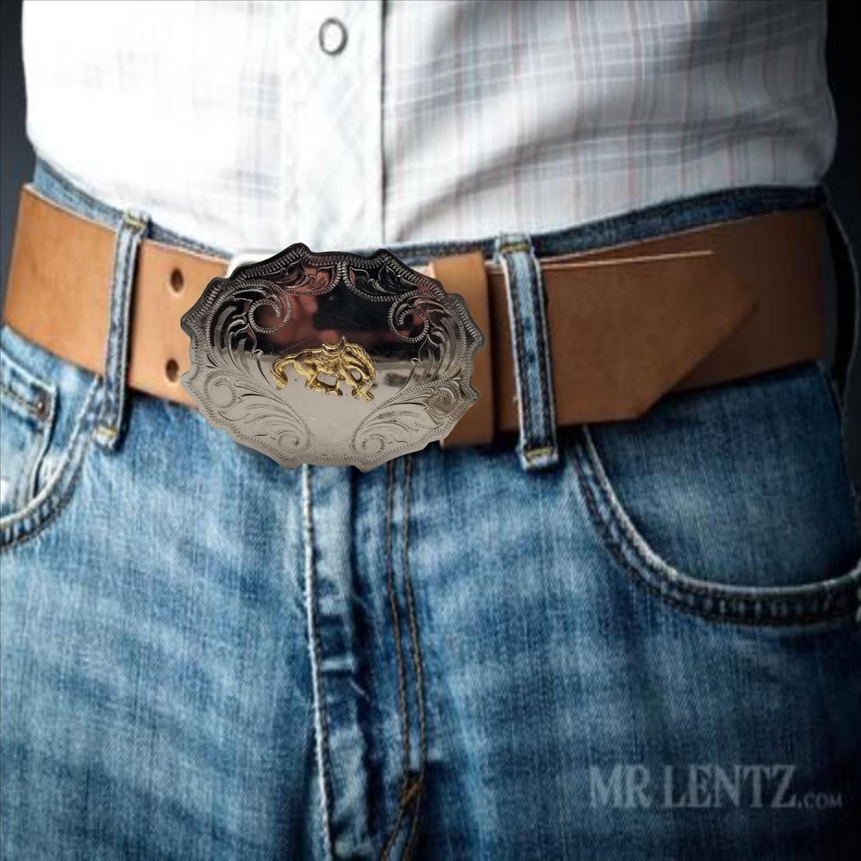 Western Two Toned Vintage Stamped Shiny Nickel Plated and Brass Bronco Horse Rodeo Belt Buckle