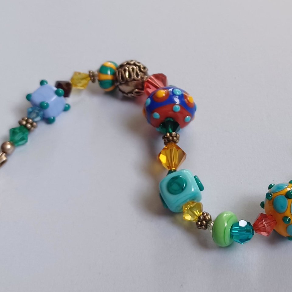 Colorful and Fun, Signed JB, Lampwork Glass and Crystal Bicone Beads Beaded Bracelet