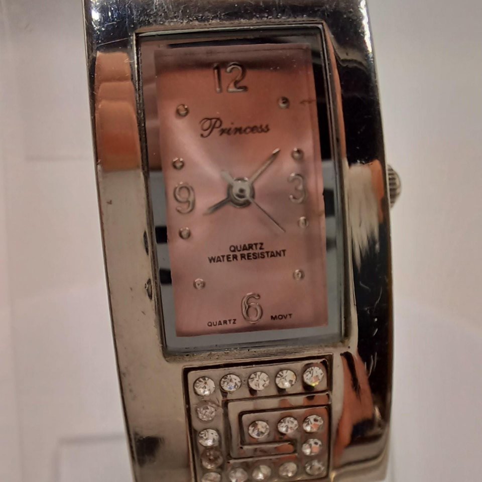 Vintage Princess Silver Tone and Pink Clamper Bracelet Wrist Watch,