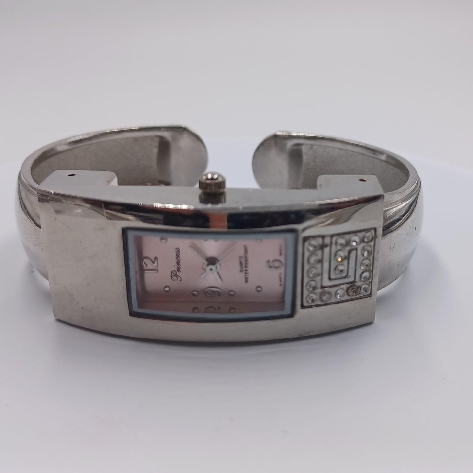 Vintage Princess Silver Tone and Pink Clamper Bracelet Wrist Watch,
