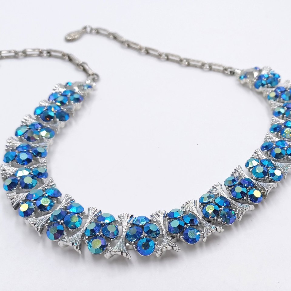 Vintage Lisner and Pakula Silver Tone and Light Blue Peacock Aurora Borealis Rhinestones Jewelry Set, Maximum Sparkle, Demi Parure