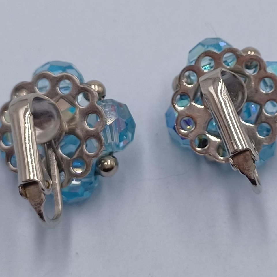 Vintage 1950's Light Blue Rhinestone Clip On Earrings Lot- 4 Pairs